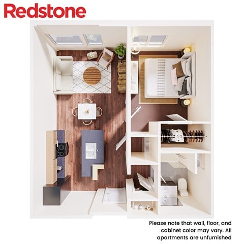 Floor plan for 1 bed, 1 bath, 734 sqft